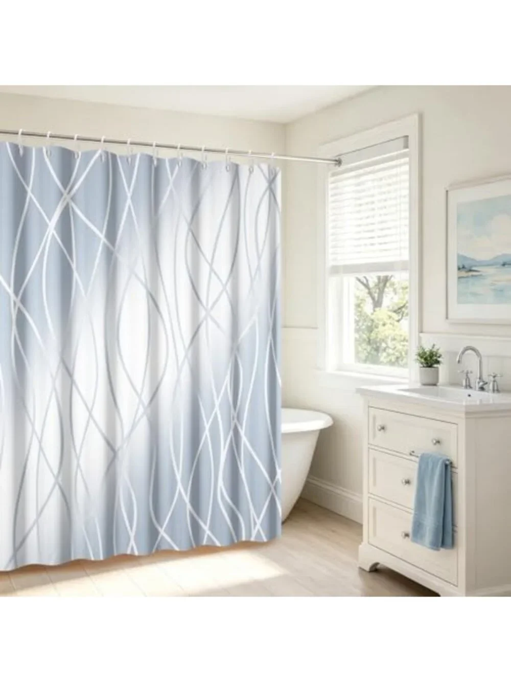 Ombre Light Blue Geometric Shower Curtain Set with Hooks - Modern Minimalist
